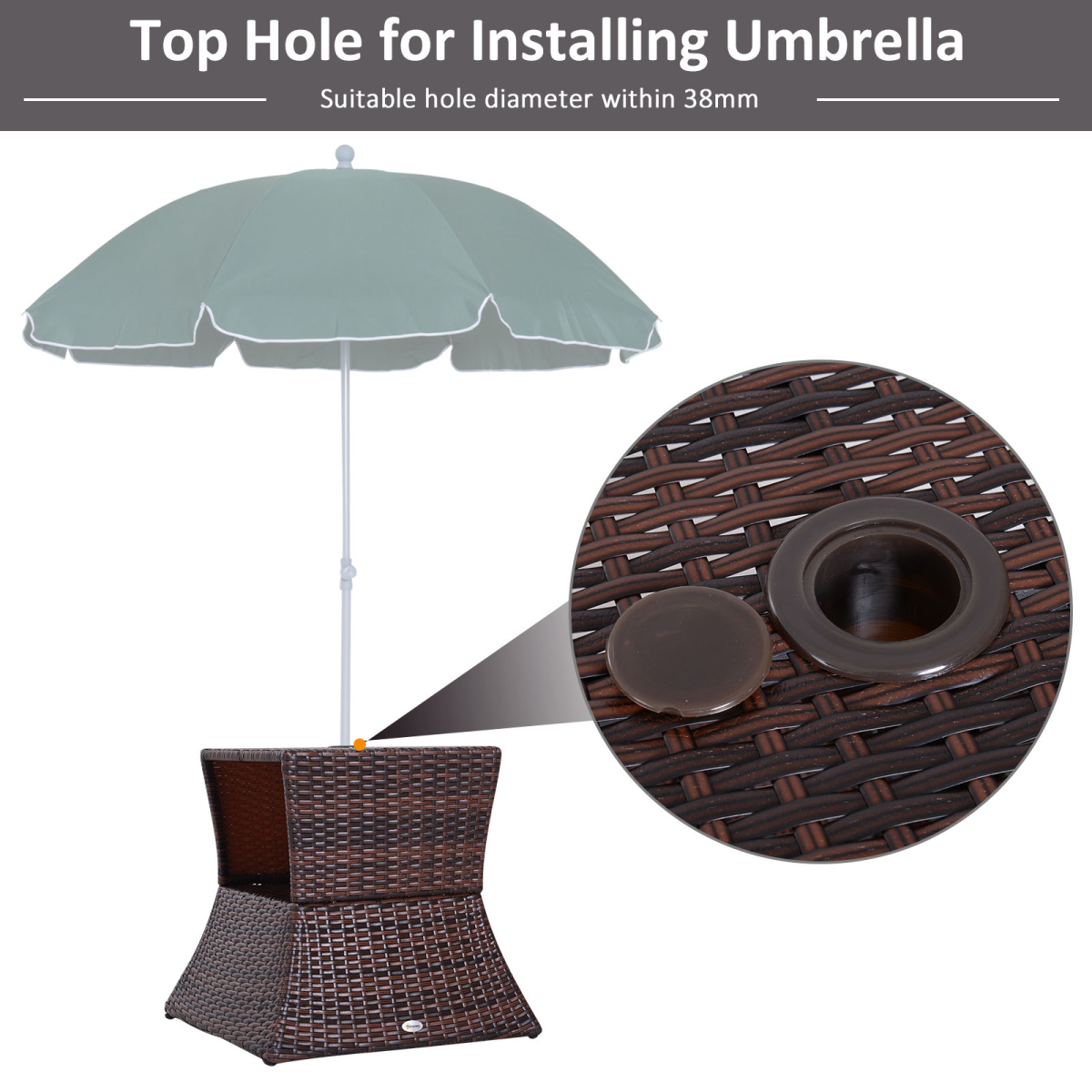 Outsunny PE Rattan Wicker Tea Coffee Table with Umbrella Hole and Storage Shelf, Mixed Grey