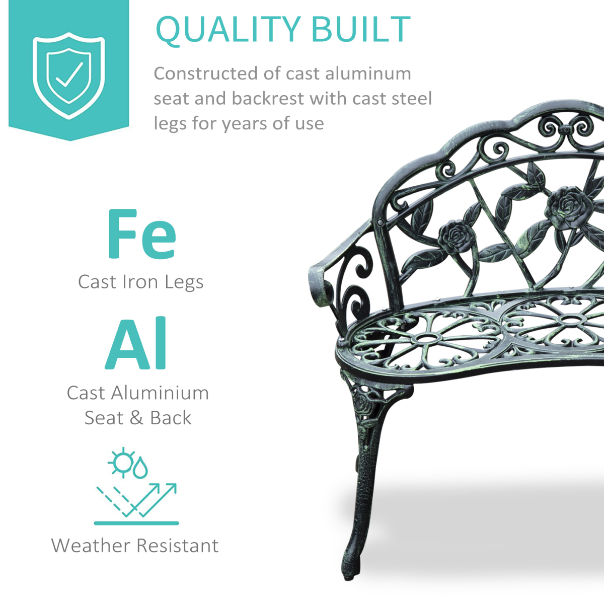 Outsunny Antique Style Cast Aluminum Garden Bench with Curved Back, Rose Pattern, Verdigris Finish
