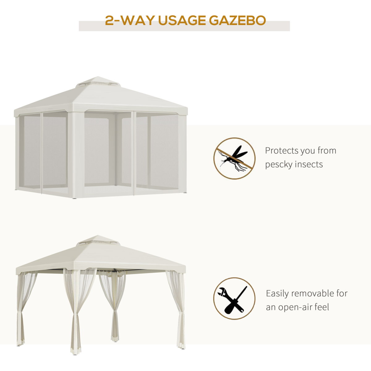 Outsunny 3x3m 2-Tier Polyester Outdoor Garden Gazebo with Mosquito Netting, Cream White
