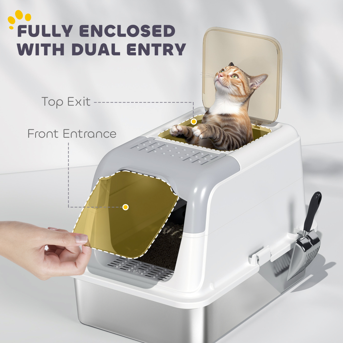 PawHut Enclosed Stainless Steel Cat Litter Box with Scoop