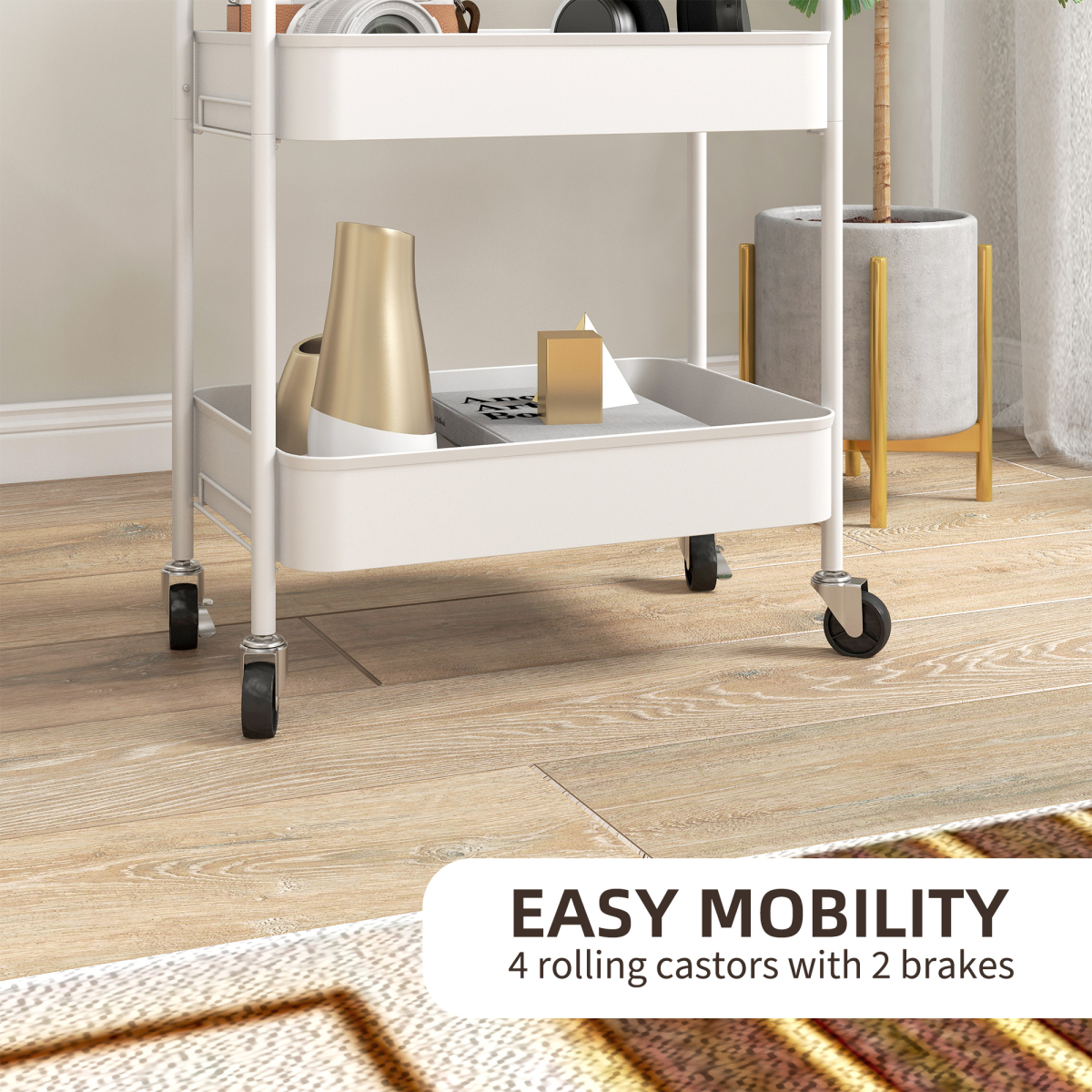 HOMCOM 3-Tier Rolling Utility Cart with Mesh Baskets, White