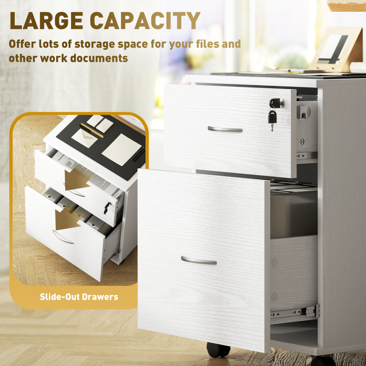 HOMCOM Lockable 2-Drawer Mobile Filing Cabinet, White Wood Grain