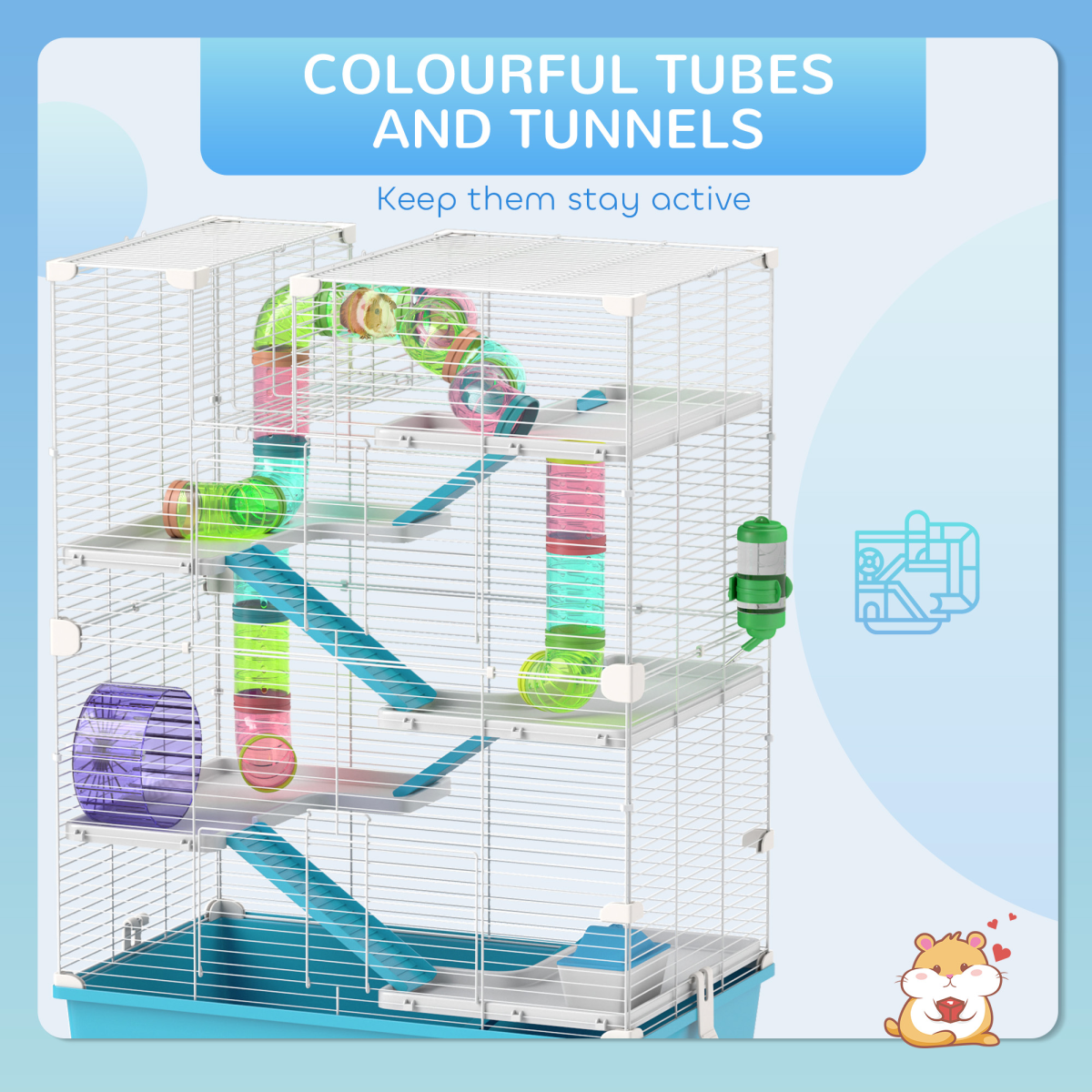 PawHut 6-Tier Twin Tower Hamster Cage with Accessories, Light Blue
