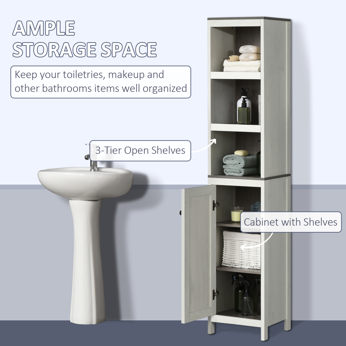 Slim Tall White Bathroom Linen Tower with Adjustable Shelf