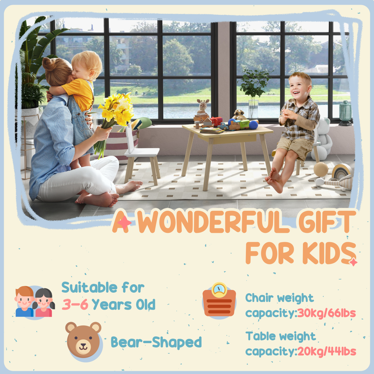 AIYAPLAY 3-Piece Toddler Table and 2 Bear Chairs with Storage
