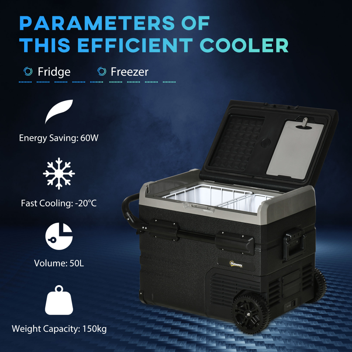 Outsunny 50L 12V Portable Car Refrigerator Freezer with LED Light and Wheels