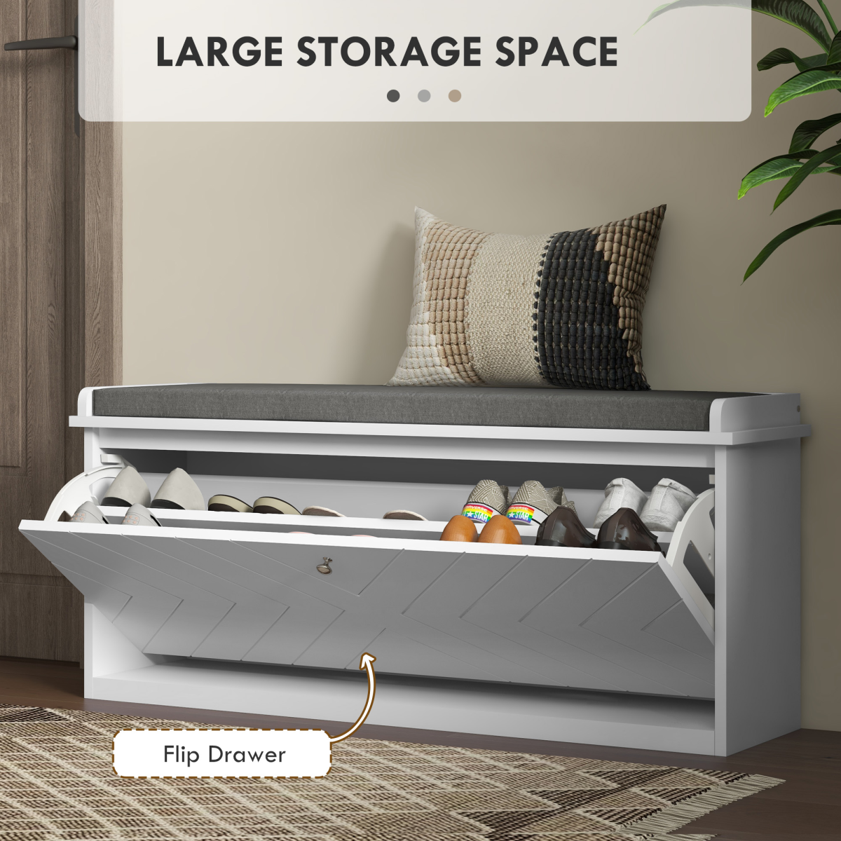HOMCOM Shoe Storage Bench with Flip Drawer, Cushioned Seat, White