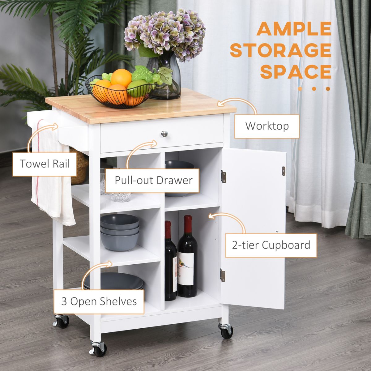 HOMCOM White MDF Kitchen Storage Trolley with Drawer, Open Shelves, Cabinet, Adjustable Shelf and Hanging Rail, Rolling Wheels
