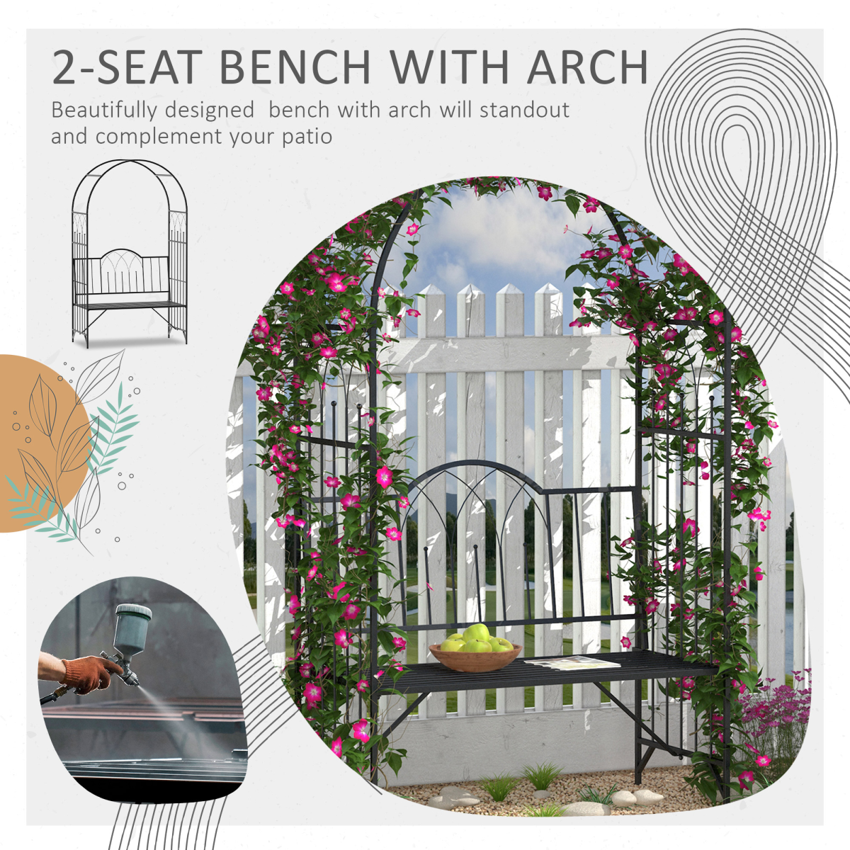 Outsunny Garden Arch Bench with Trellis Arbor, Outdoor Patio Metal Bench for Climbing Plants, Antique Black