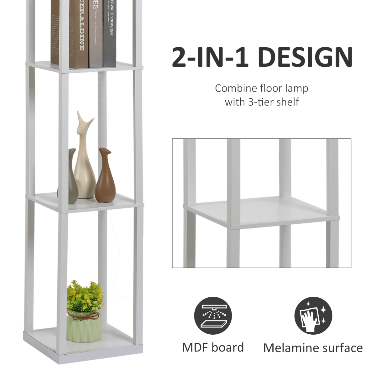 HOMCOM 4-Tier Floor Lamp with 3 Storage Shelves, White