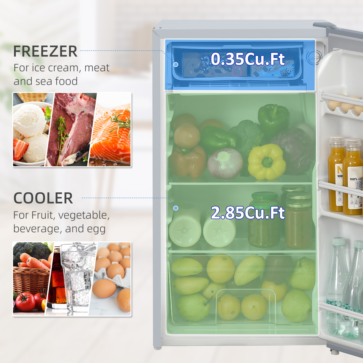 HOMCOM 91L Freestanding Under Counter Fridge, Reversible Door, Grey
