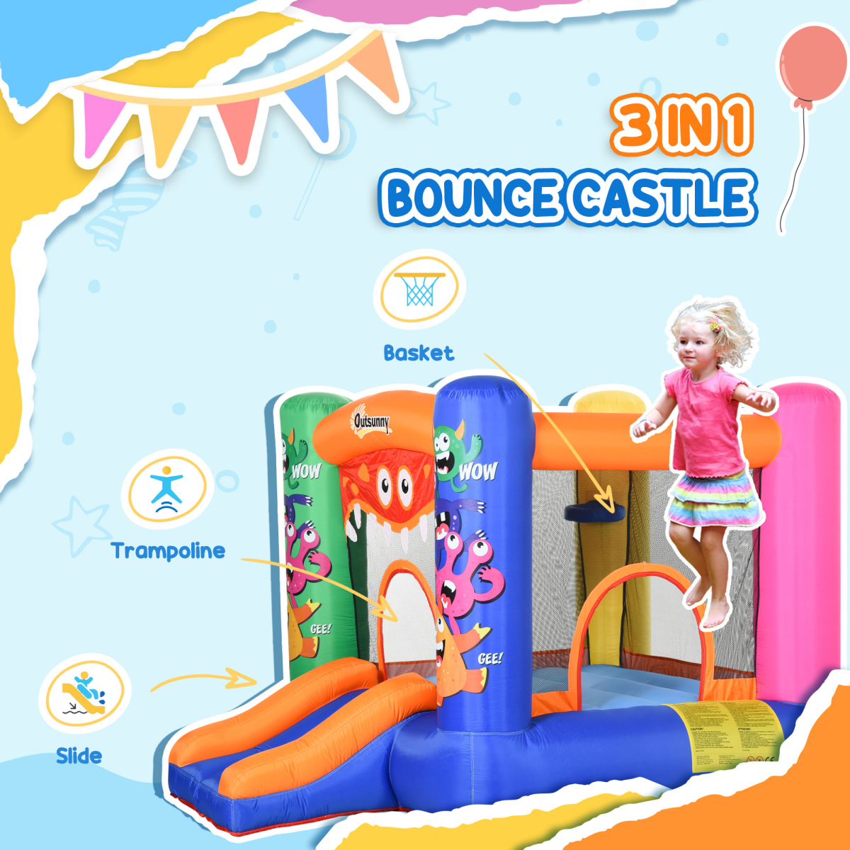 Monster Design Bouncy Castle with Slide, Trampoline & Basket