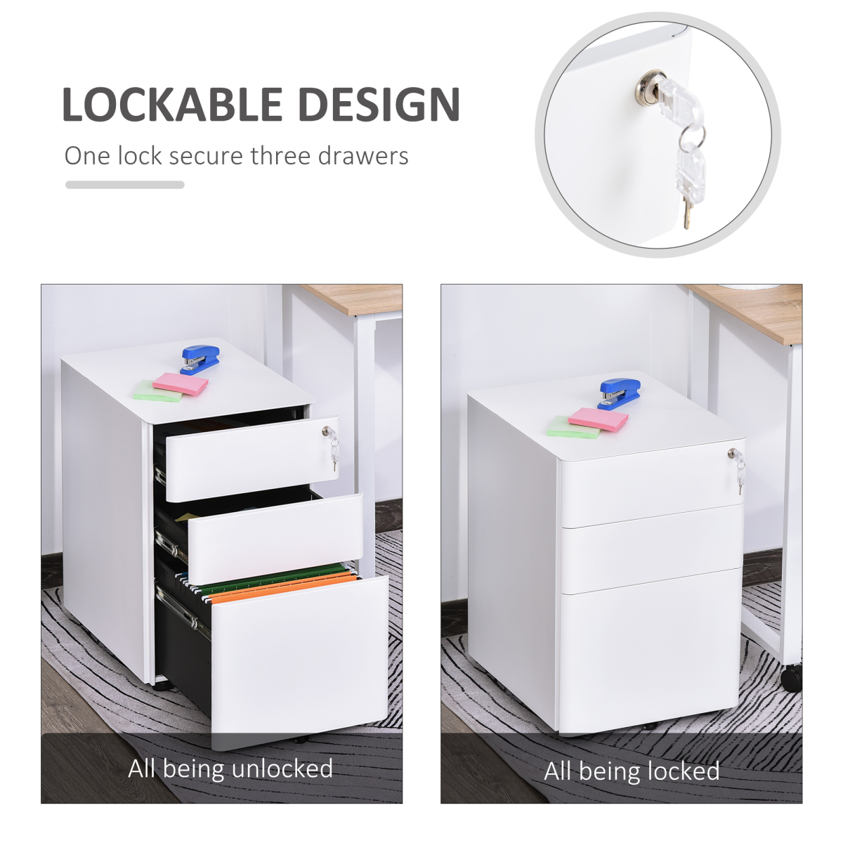 3 Drawer Steel Filing Cabinet Lockable 4 Wheels Compact Under Desk White