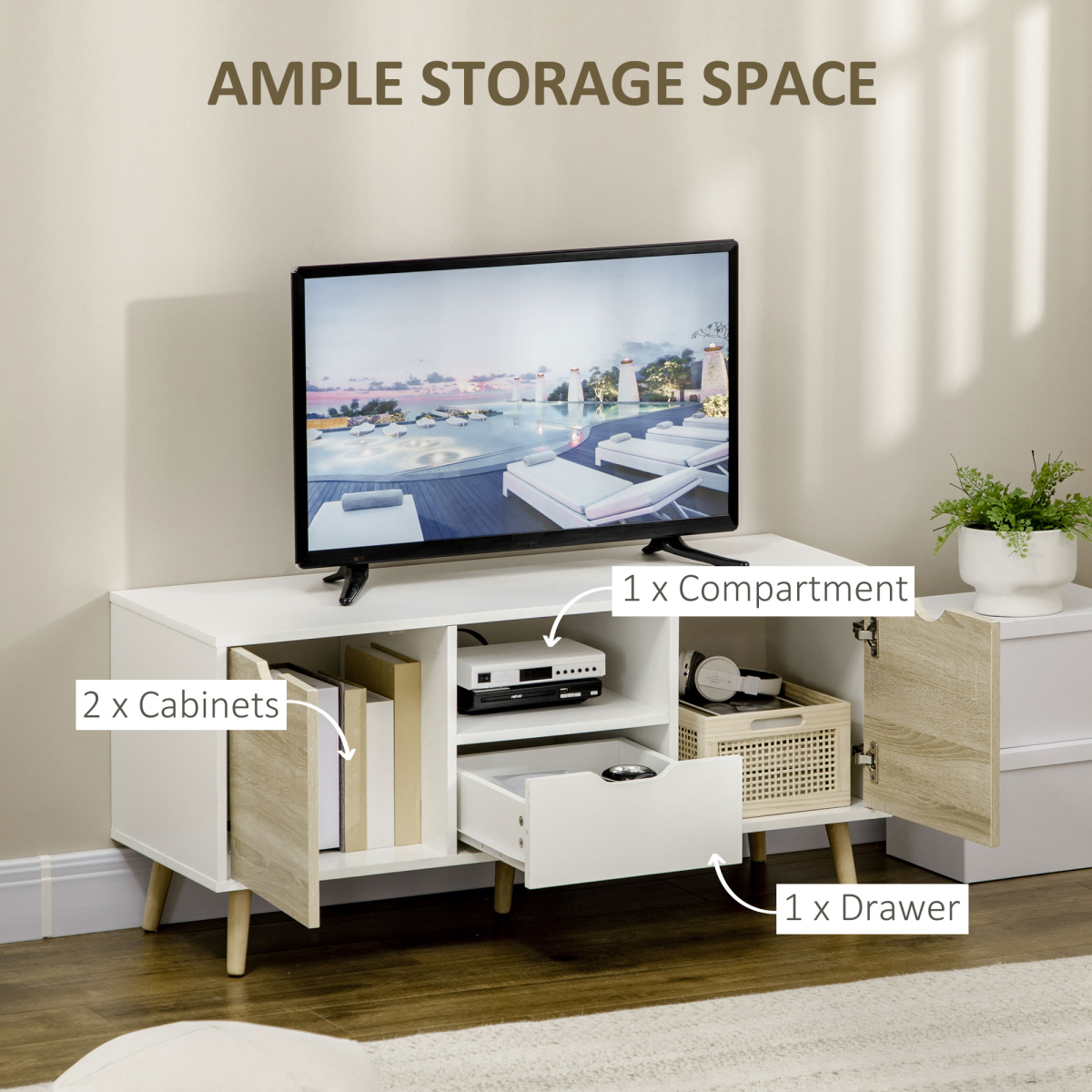 Modern TV Unit Cabinet Stand for TVs up to 50in with Open Shelf, Drawer and 2 Cupboards