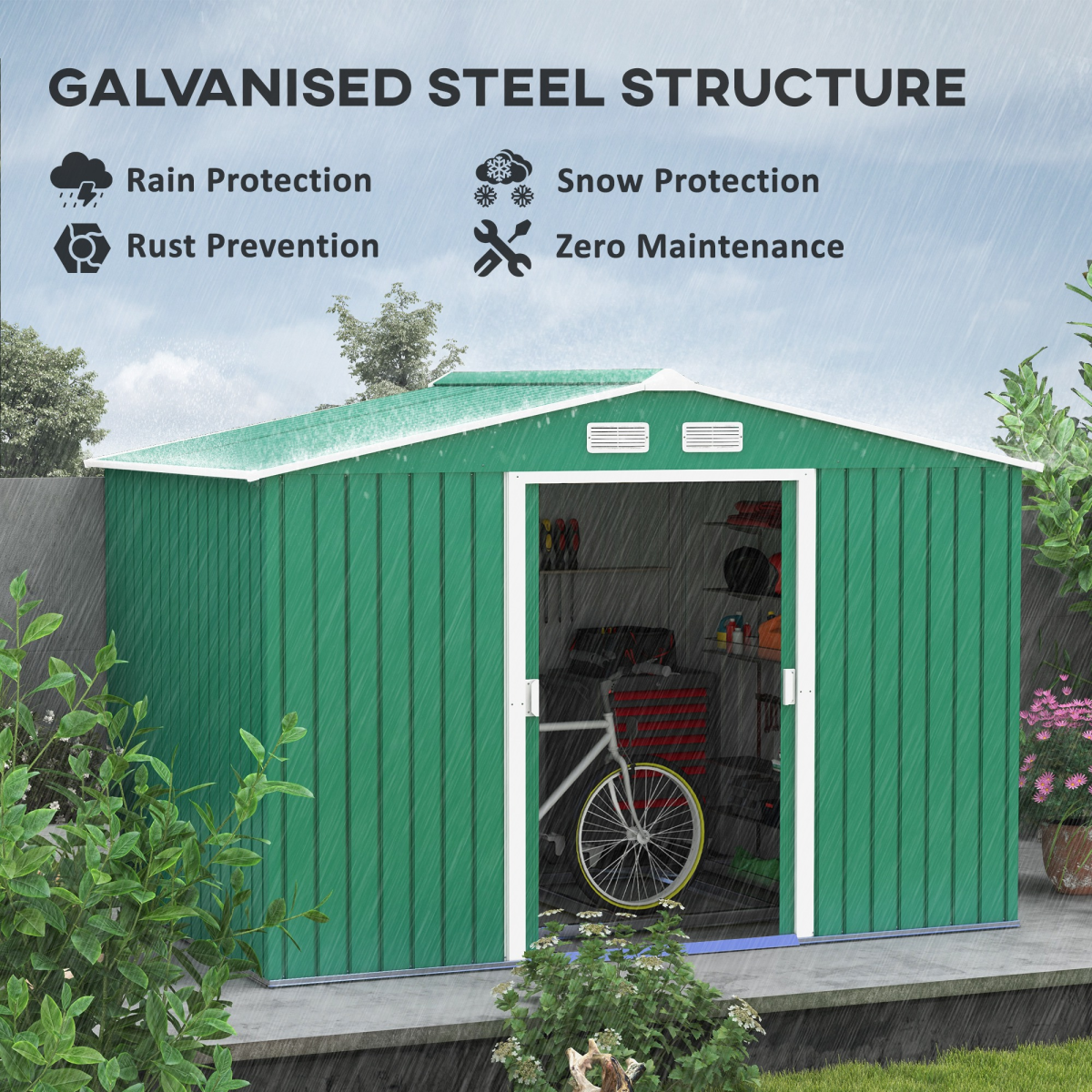 Outsunny Metal 9x6 ft Garden Storage Shed with Sliding Double Doors, Sloping Roof, Floor Foundation Included, Green