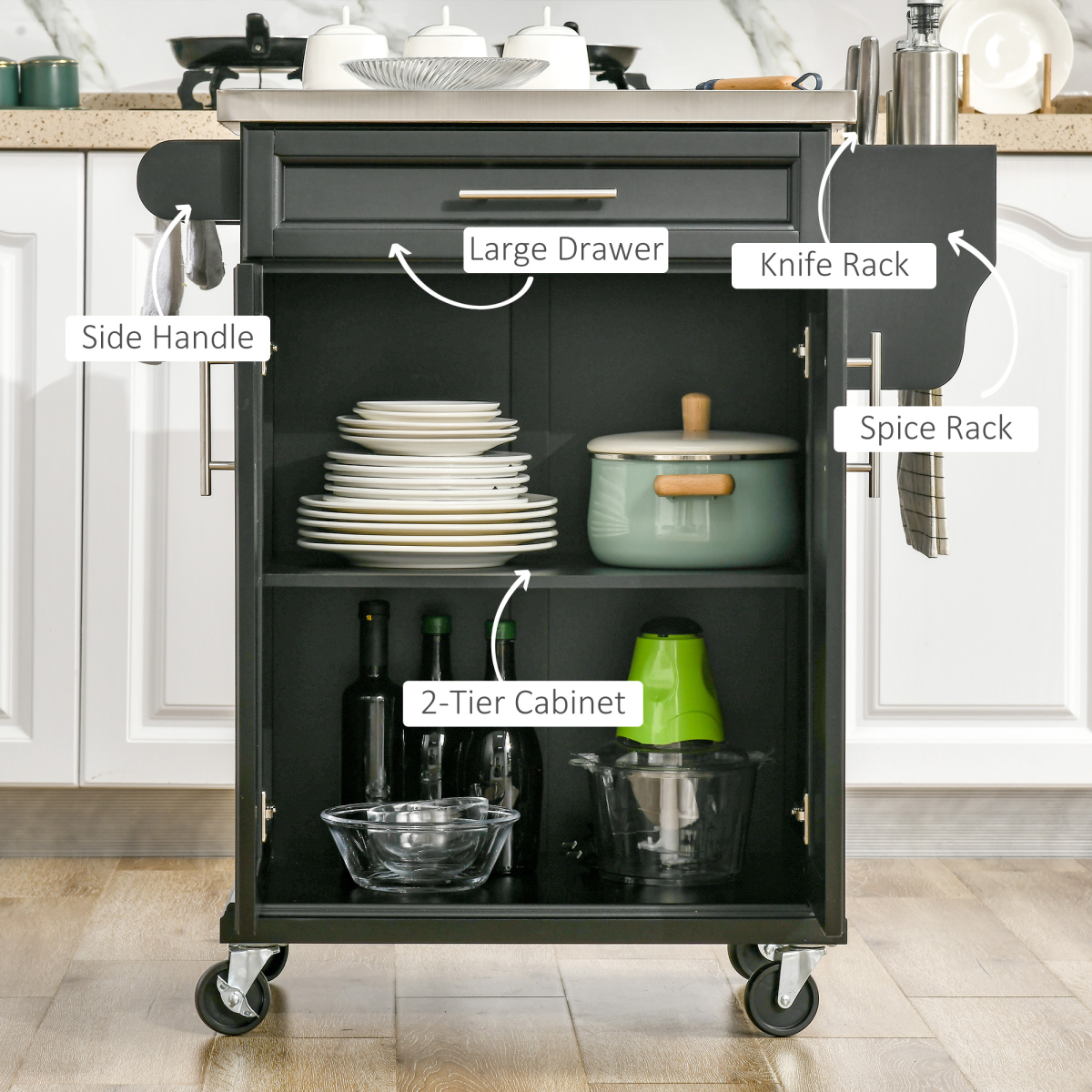 Rolling Kitchen Cart Storage Trolley with Drawer, Towel Rail, Stainless Steel Worktop, Lockable Wheels, Black