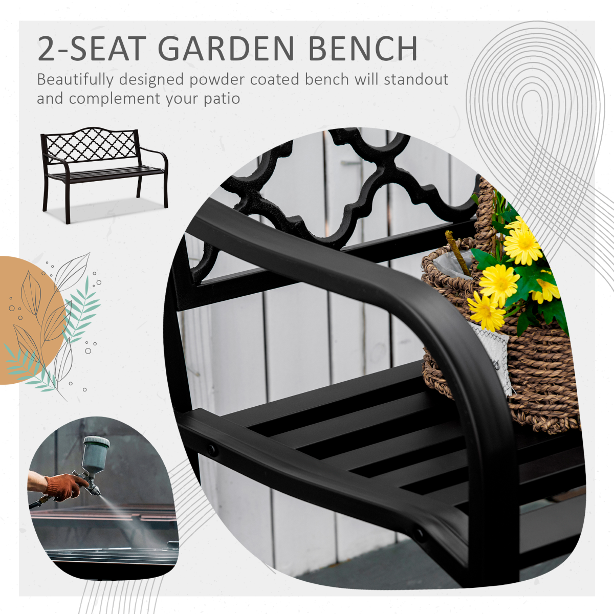 Outsunny Outdoor Double Seat Steel Porch Bench with Geometric Cut-Out Back and Slatted Seat