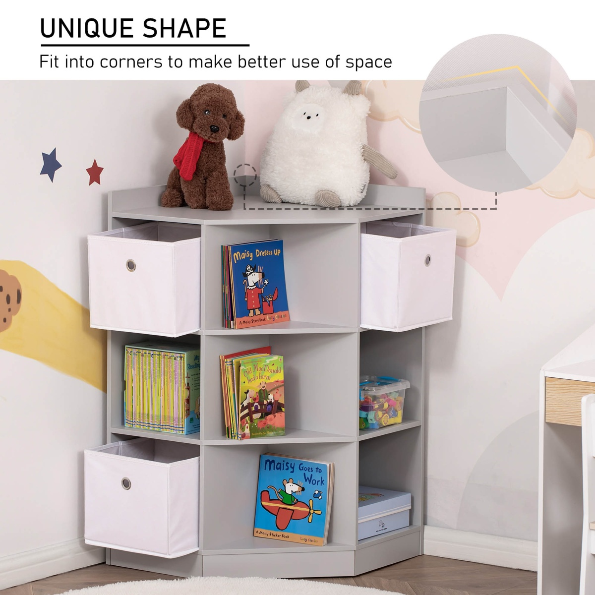 Kids Corner Storage Cabinet with Anti-Tipping Hardware, 9-Compartment Organizer with Drawers, HOMCOM