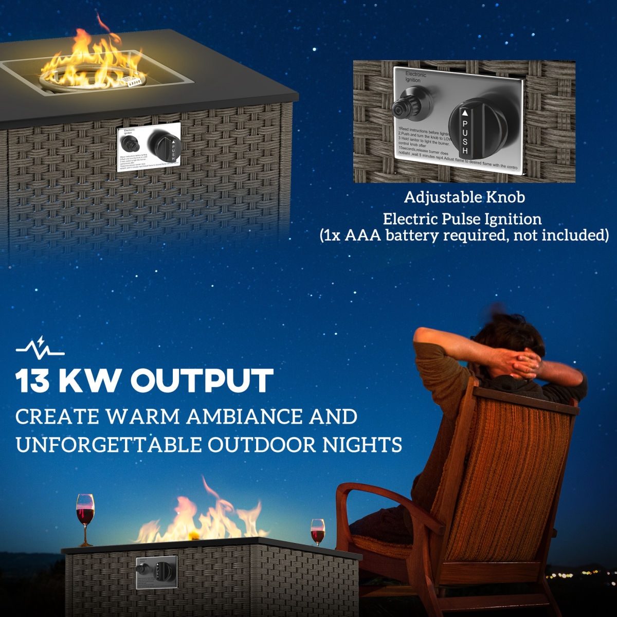 Outsunny 13KW Grey Rattan Gas Fire Pit Table with Lid