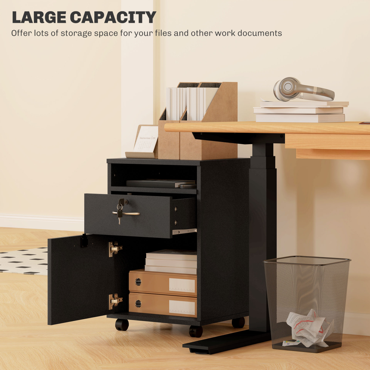 HOMCOM 60cm Black Storage Cabinet with Drawers, Open Shelf and Wheels