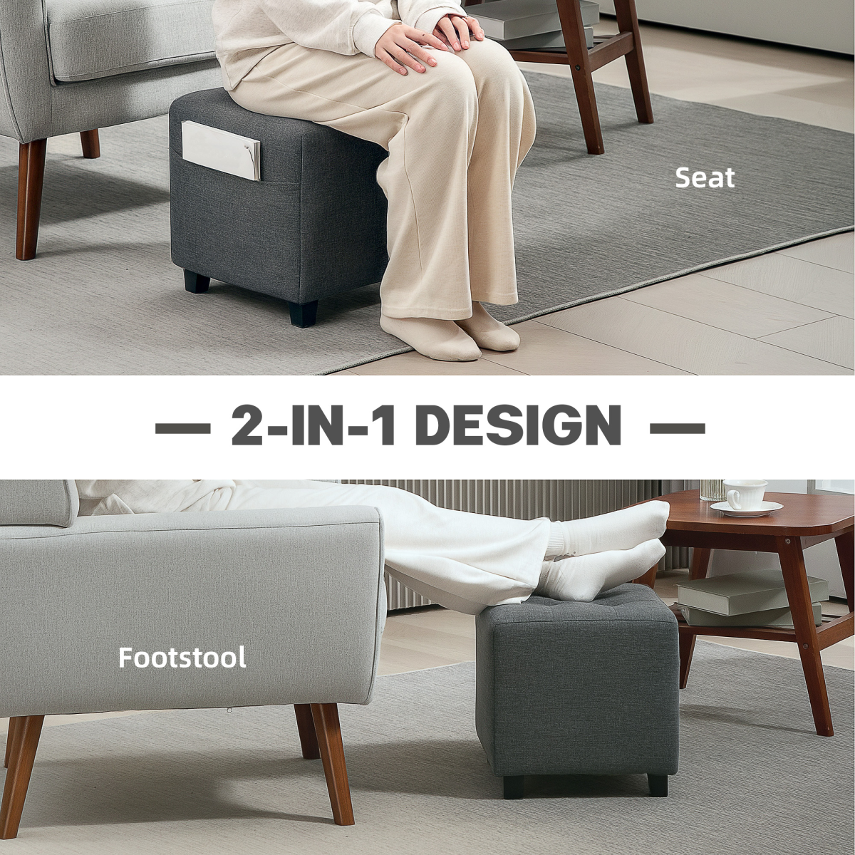 HOMCOM Square Padded Footstool Ottoman with Side Pocket, Grey
