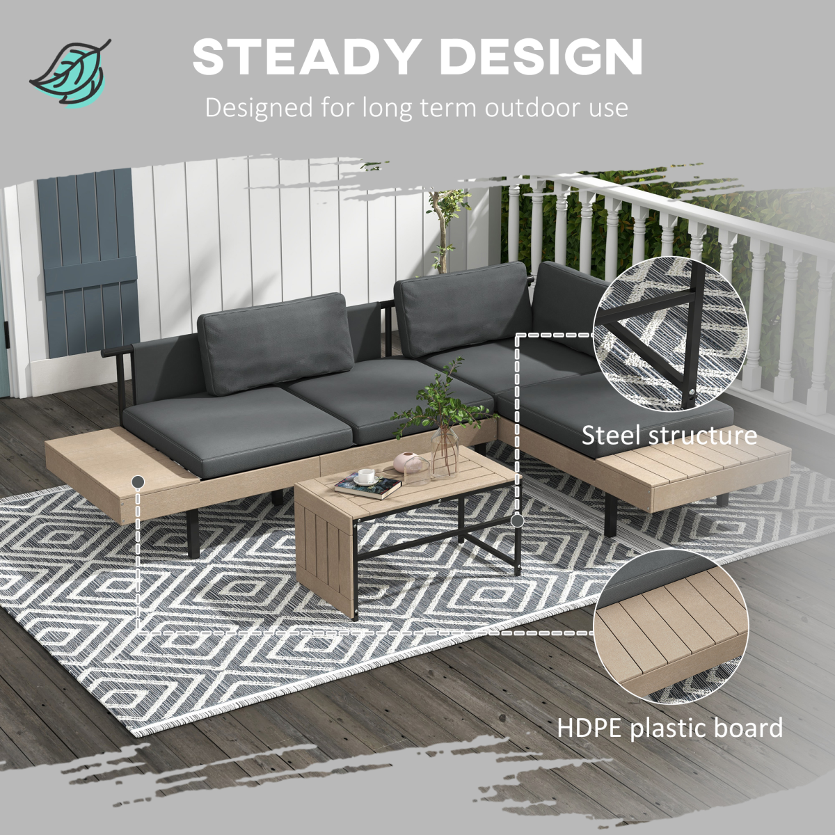 Outsunny 3-Piece HDPE Garden Sofa Set with Cushions, Grey