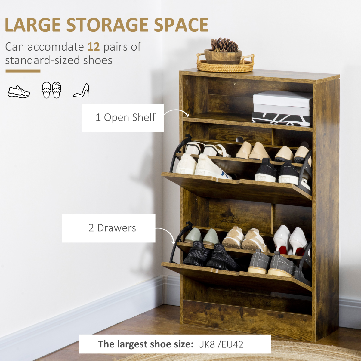 Rustic 2-Tipping-Door Shoe Cabinet with Adjustable Dividers and Open Shelf