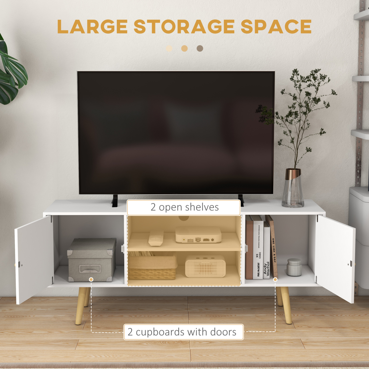 White TV Stand Cabinet with Storage, Cable Management, Wood Legs