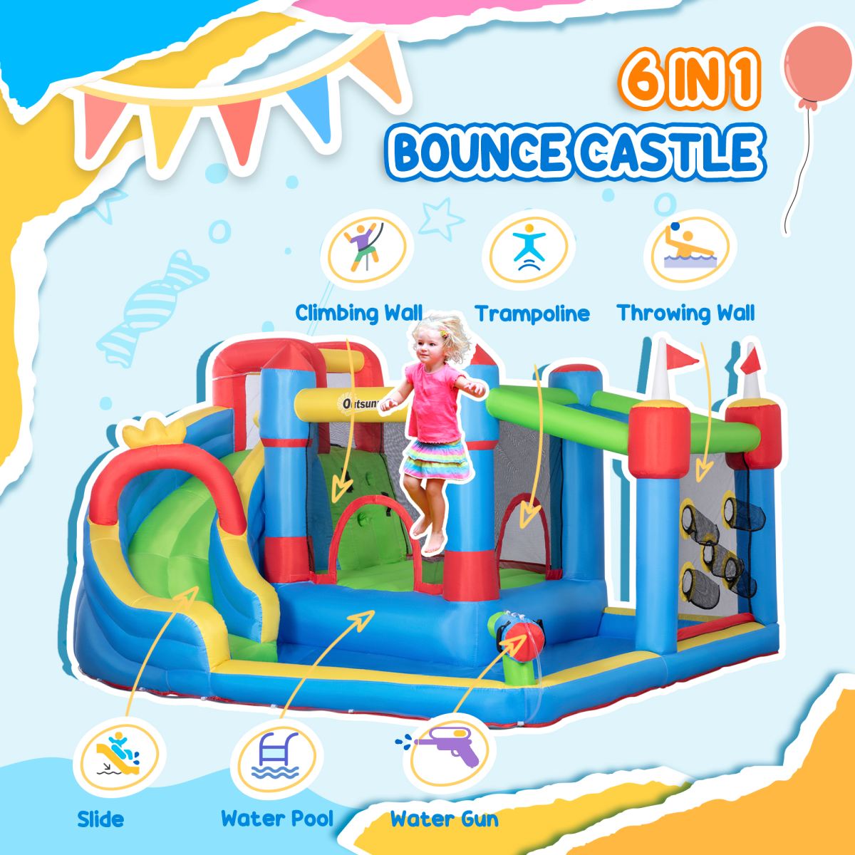 Outsunny Kids Inflatable Bouncy Castle 6-in-1 Water Slide with Trampoline, Climbing Wall, Throwing Wall, Water Gun and 450W Air Blower