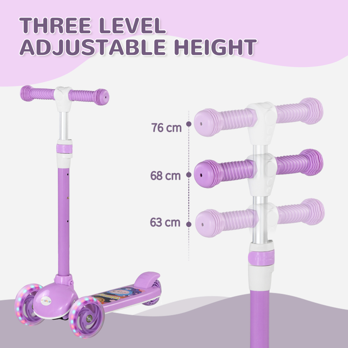 AIYAPLAY Kids 3-Wheel LED Scooter, Adjustable Height, Purple, 2-6 Years