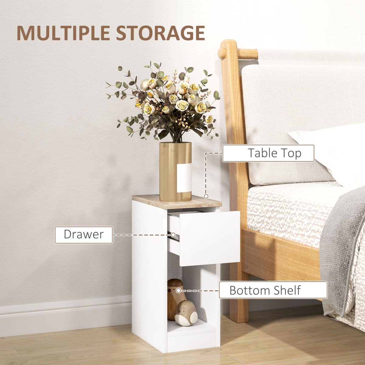 HOMCOM Set of 2 Bedside Tables with Drawer and Shelf, White