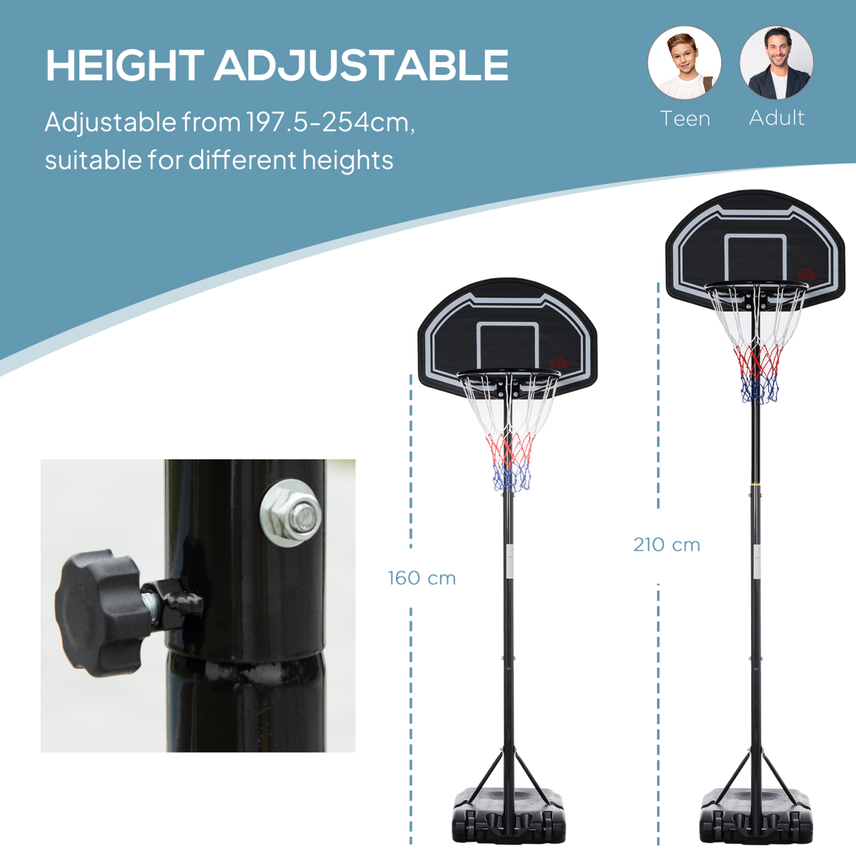 Adjustable Basketball Hoop Stand with Wheels and Fillable Weight Base, Height Adjustable 195-245cm, Steel Frame, PE Backboard