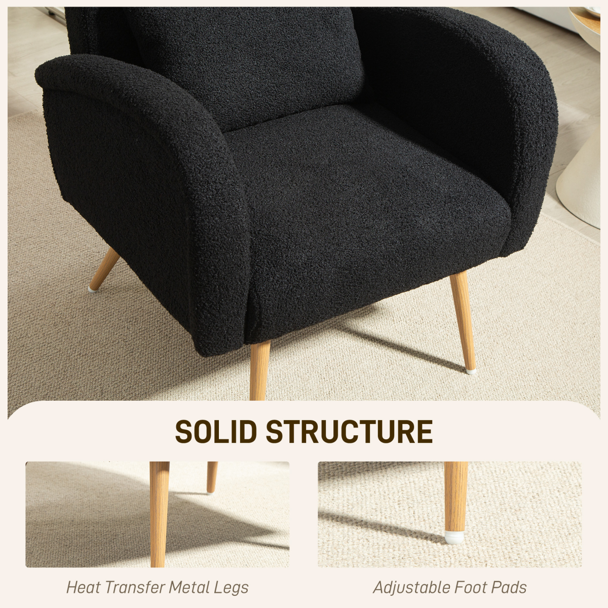 HOMCOM Black Teddy Fleece Accent Chair with Metal Legs
