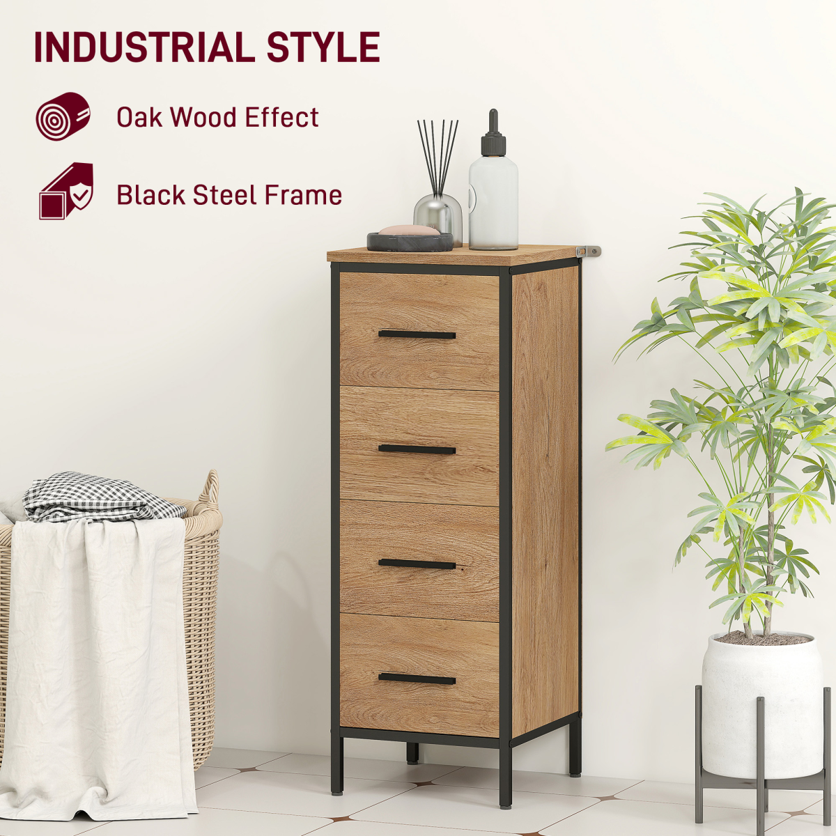 HOMCOM Narrow 4-Drawer Bathroom Storage Cabinet, Oak