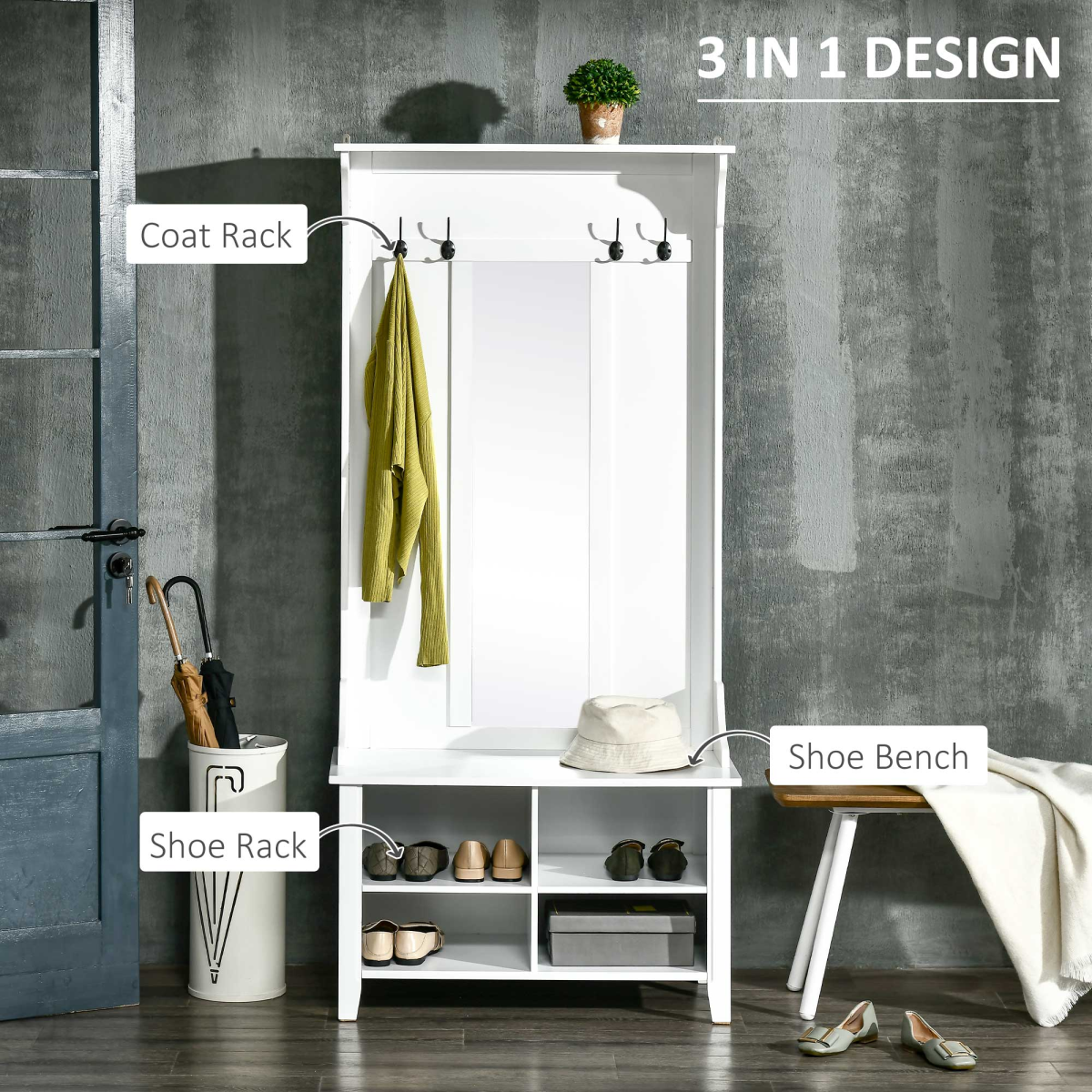 HOMCOM 3-in-1 Mirrored Shoe Cabinet with 4 Coat Hooks, Top Shelf, 4 Shoe Storage Cubes, White, 80 x 40 x 170 cm