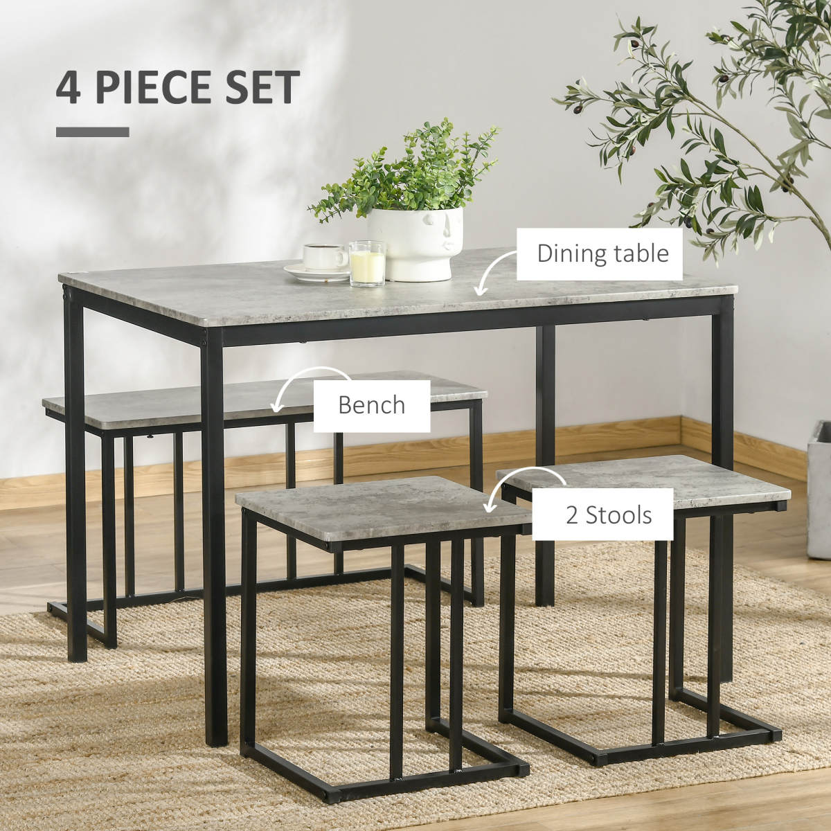 HOMCOM 4-Piece Dining Table Set for 4 People with 2 Stools and Bench, Concrete Effect Grey