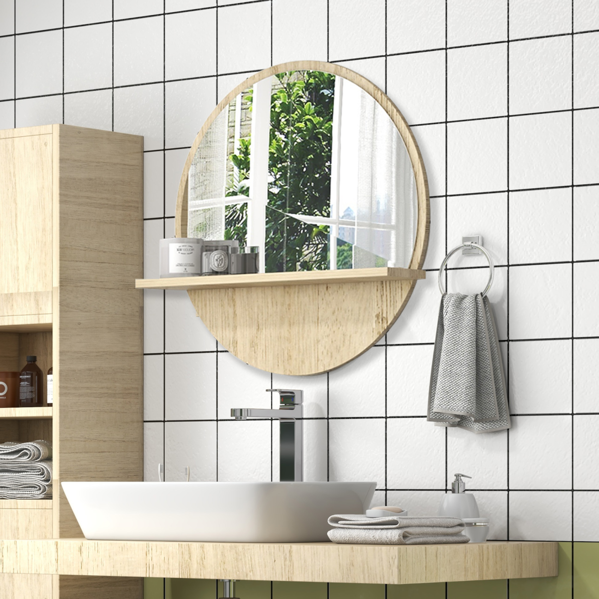 kleankin Wall-Mounted Round Mirror with Shelf, Wood-Effect Frame