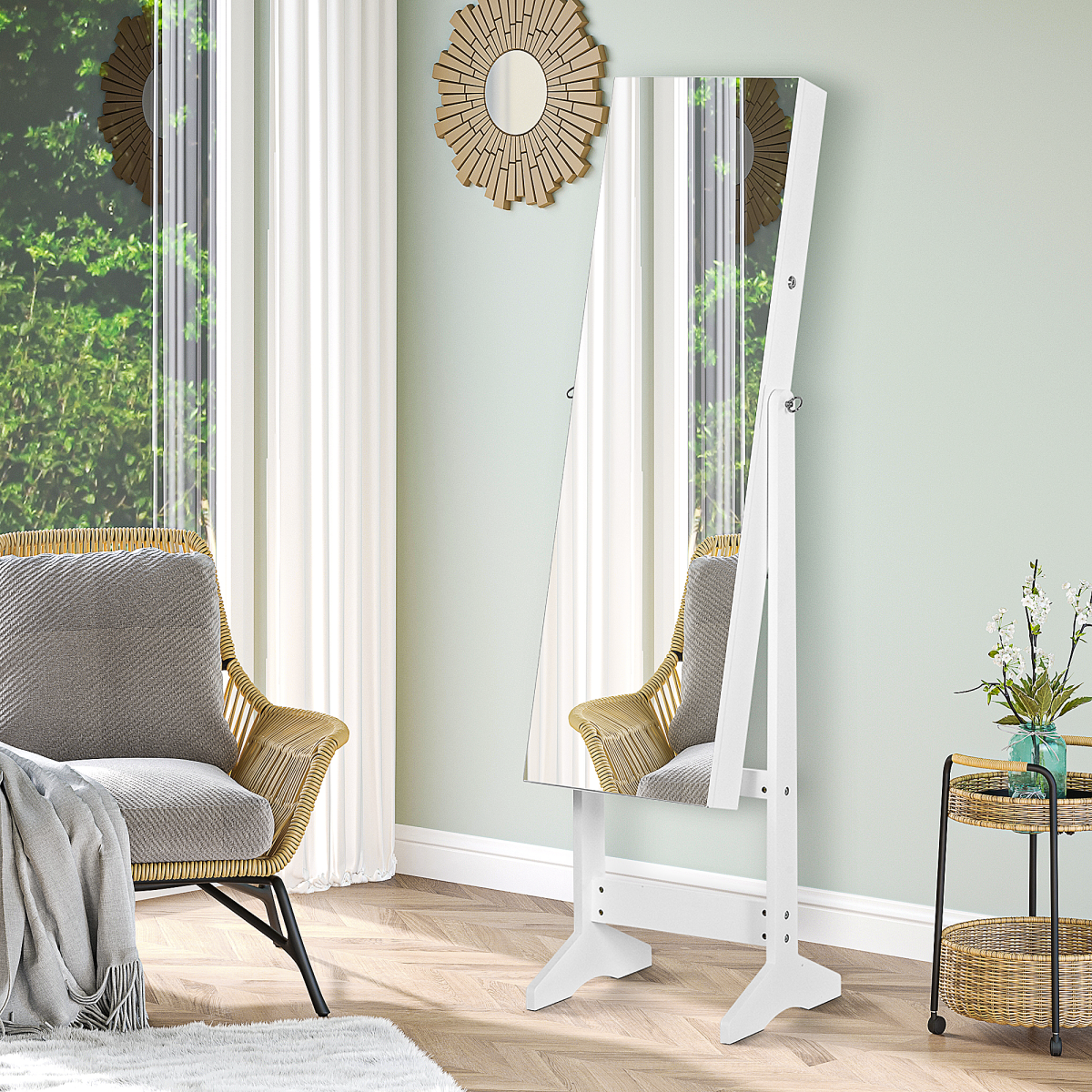 HOMCOM White Freestanding Full Length Mirror Jewellery Cabinet with Lock and Storage