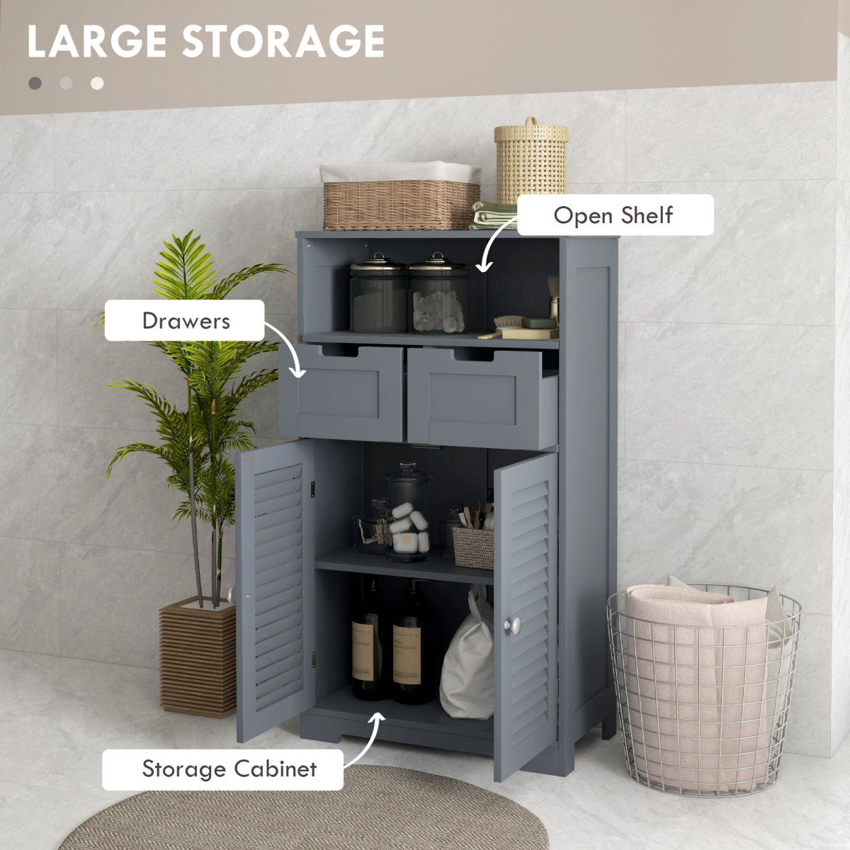 kleankin Grey Bathroom Storage Cabinet with Louvred Doors and Drawers