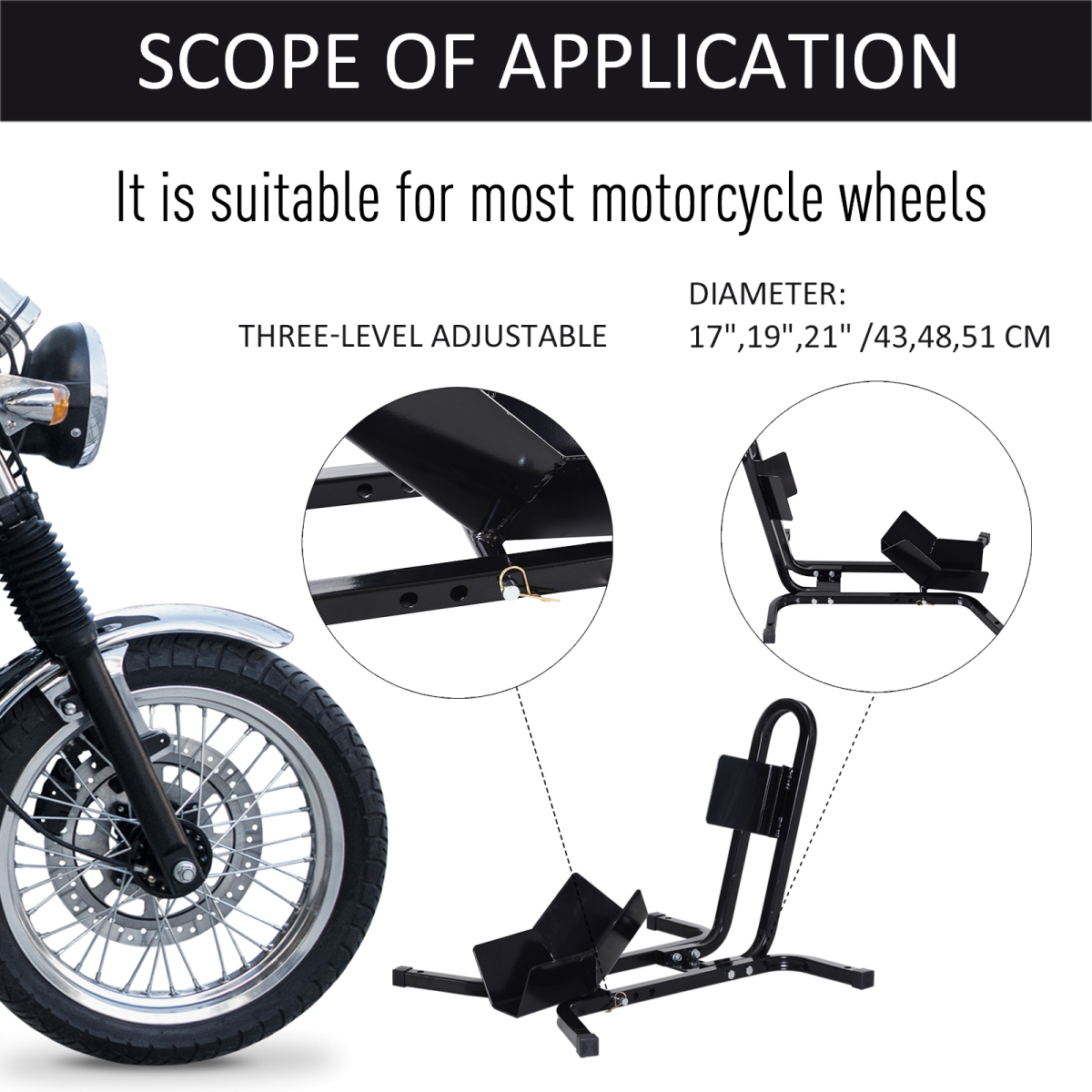 Adjustable Metal Motorcycle Wheel Chock with Pre-Drilled Holes, Freestanding Motorbike Holder