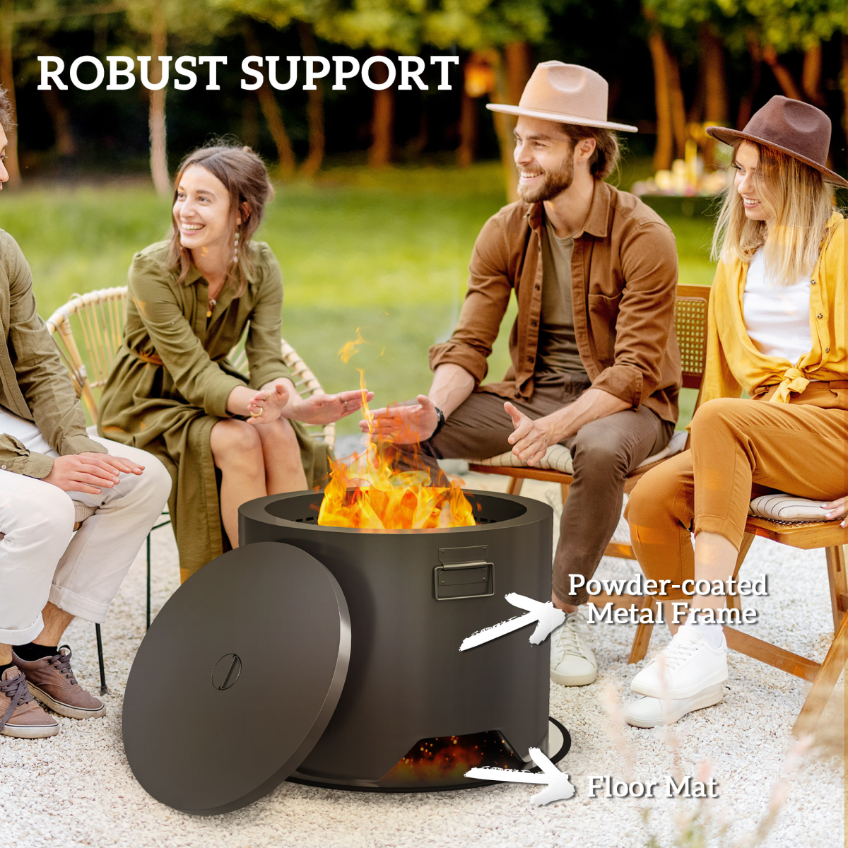 Outsunny Outdoor Round Wood Burning Fire Pit with Lid and Poker, Black