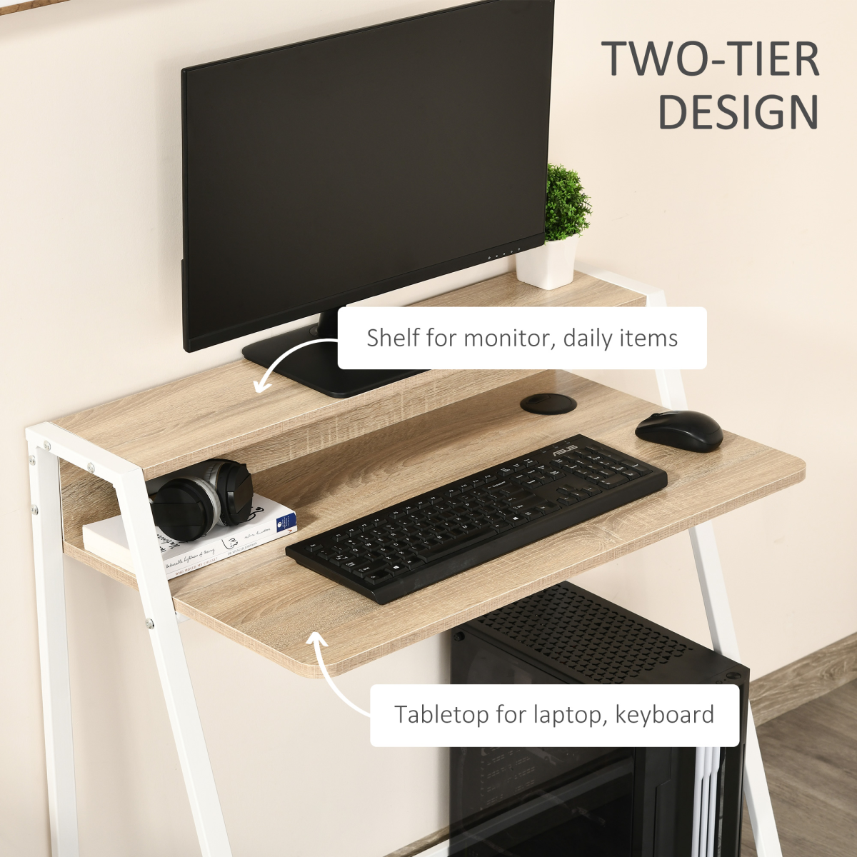HOMCOM White and Oak Computer Workstation Storage Shelf, Two-Tier Tabletop, Steel Frame, 20kg Max Load
