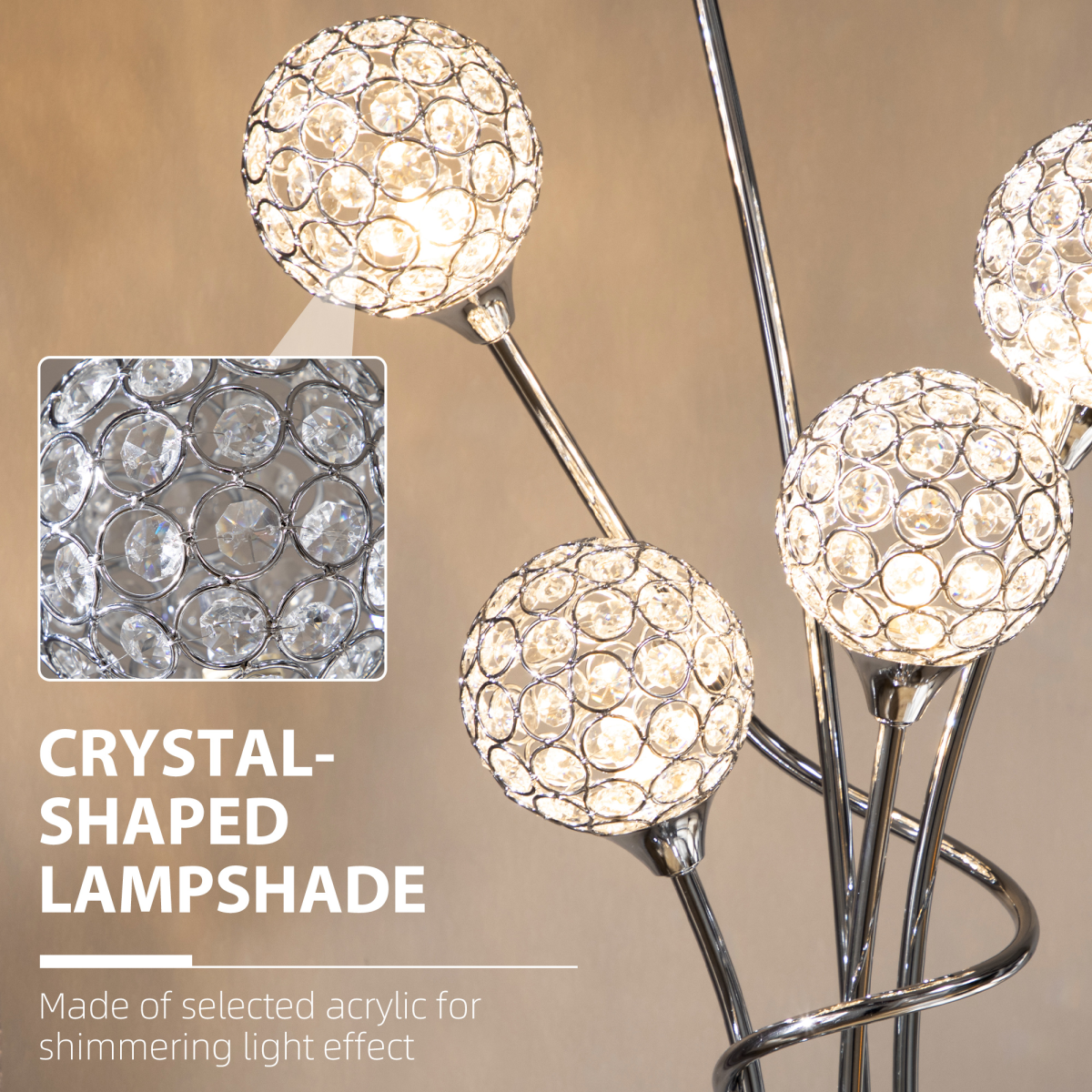 HOMCOM Crystal Floor Lamp, 5-Light Upright Standing Lamp, Silver