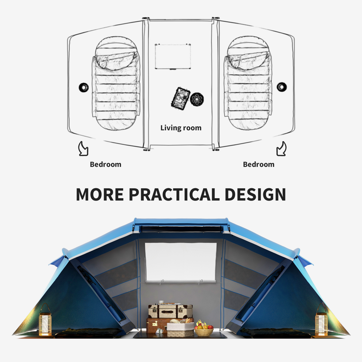4-6 Person Tunnel Camping Tent with 2 Bedrooms and Living Area