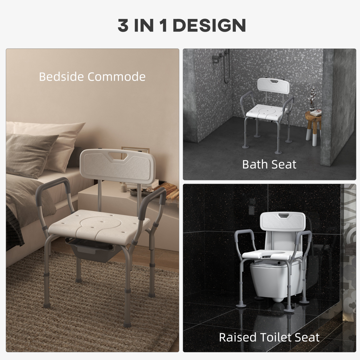 HOMCOM 3-in-1 Shower Chair Adjustable Bedside Commode Raised Toilet Seat White