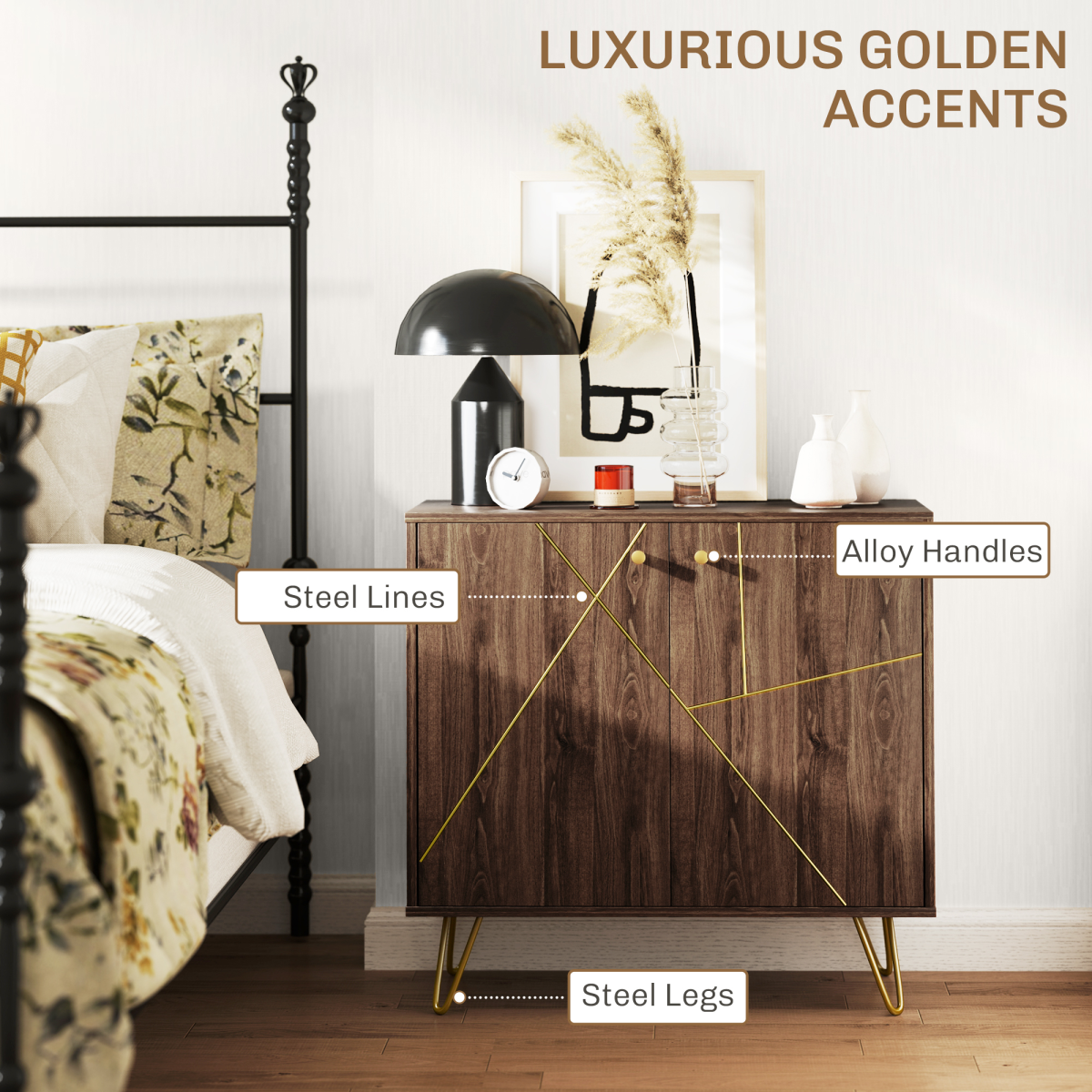 HOMCOM Brown Sideboard Storage Cabinet with Gold Steel Lines