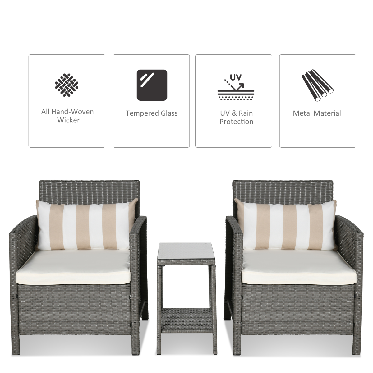 Outsunny Rattan Patio Bistro Set with Cushion Pillow and Coffee Table