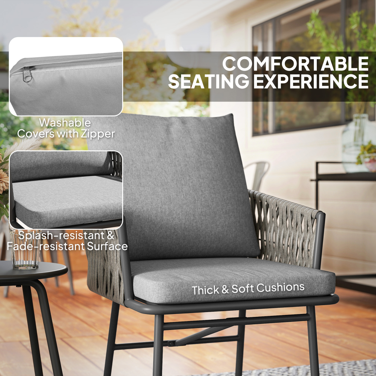 Outsunny Grey Rattan Bistro Set with Table and 4 Cushions