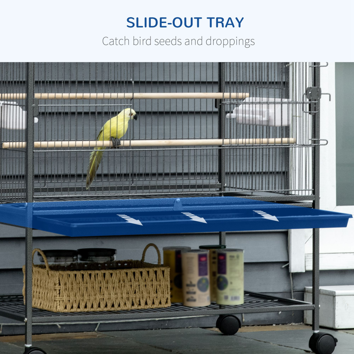 Bird Cage Aviary for Budgies & Canaries, Rolling Stand, Slide-Out Tray, Grey