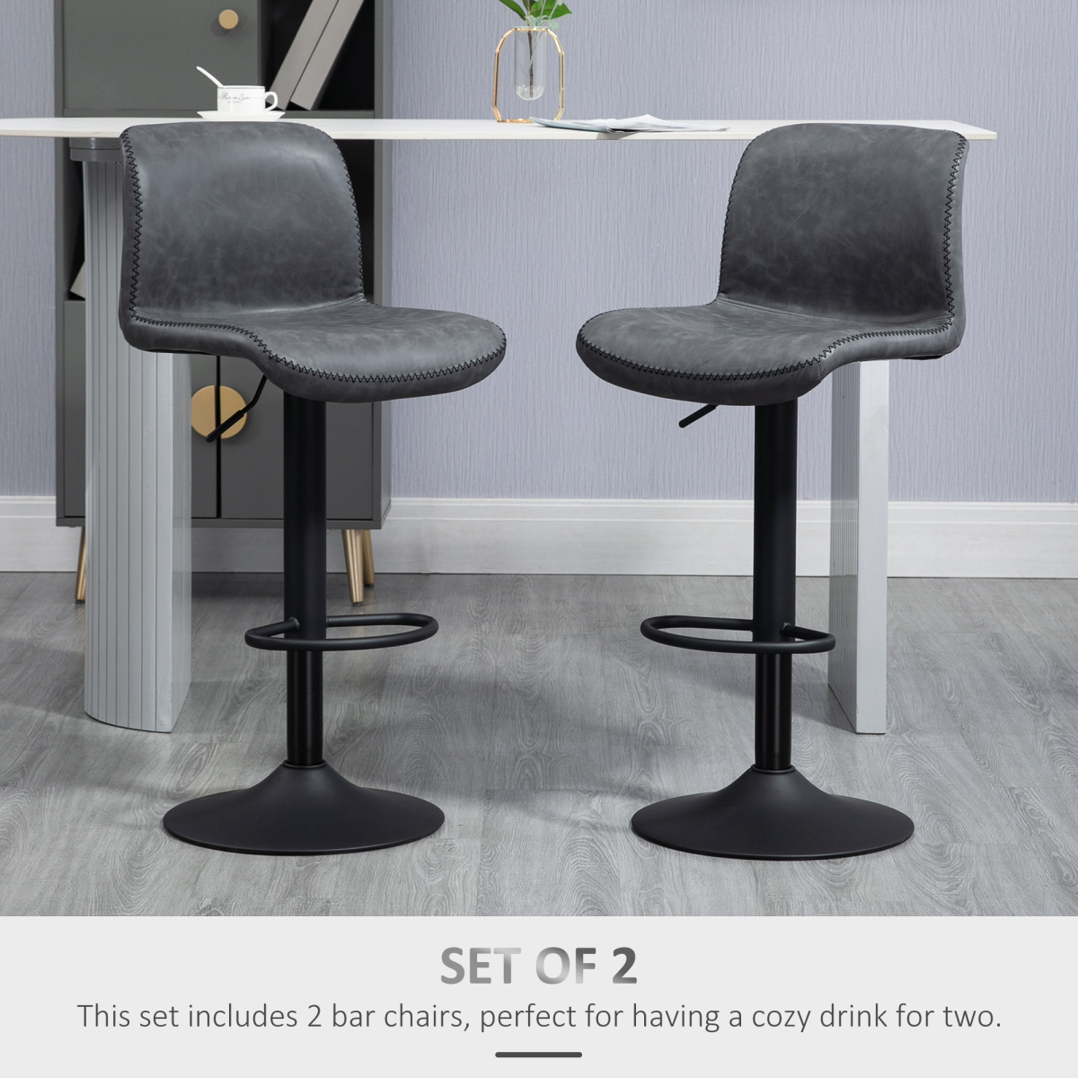 HOMCOM Retro Set of 2 Vintage-Look Faux Leather Adjustable Height Bar Stools